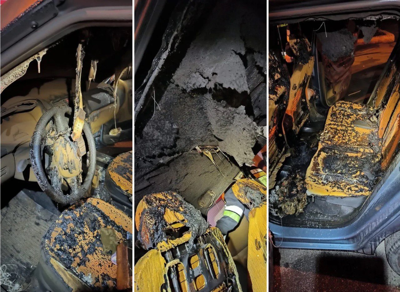 VIDEO | O mașină a ars complet, după ce șoferul ar fi adormit cu o lumânare aprinsă în interior 
