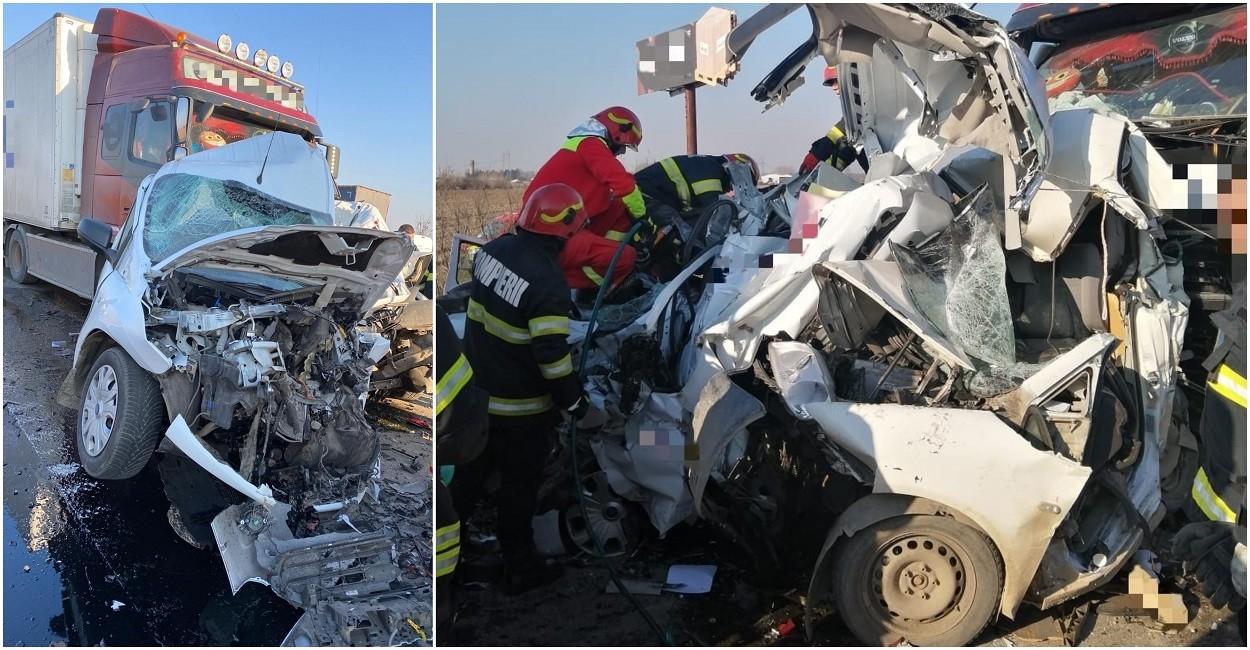 Accident cumplit în România! Cinci oameni au murit striviți, după ce mașina lor a fost prinsă între două TIR-uri